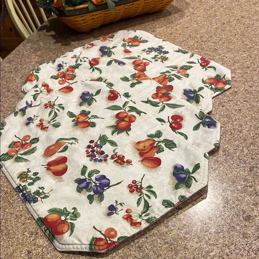 Longaberger 4 Placemats Fruit Medley and Blueberry Plaid USED WITH FADING/STAINS